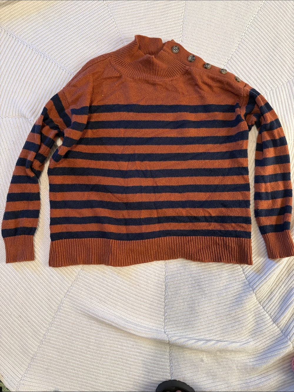 LOFT Rust and Navy Striped Button-Shoulder Turtleneck Sweater